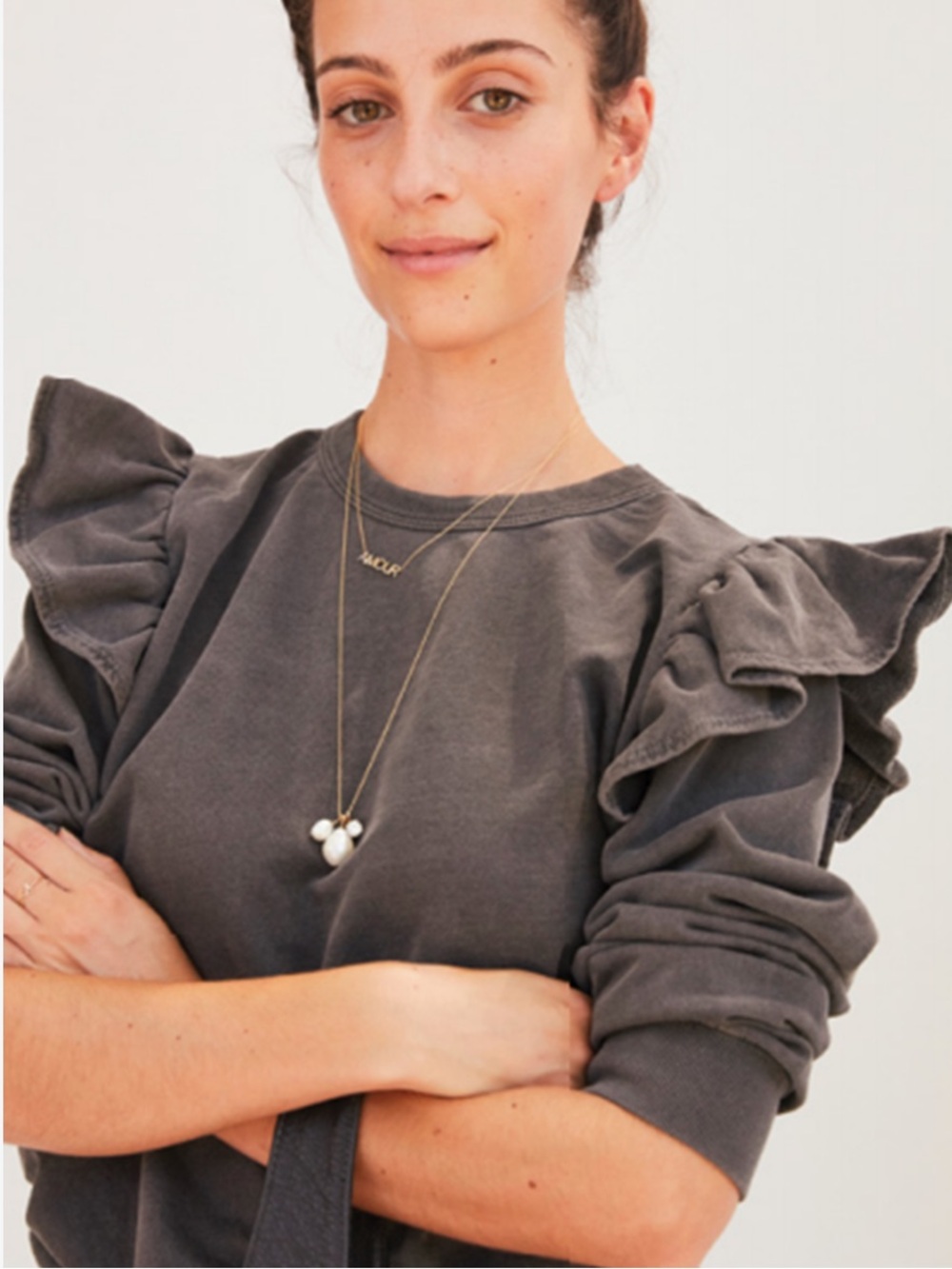 CLARE V. Ruffle Sweatshirt Fade Black Sz Small